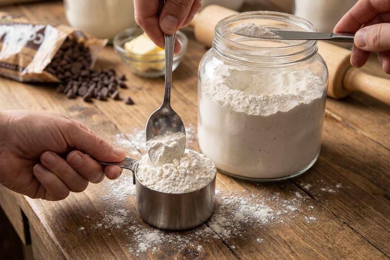 A hand spooning all-purpose flour into a measuring cup and leveling it off on a wooden countertop