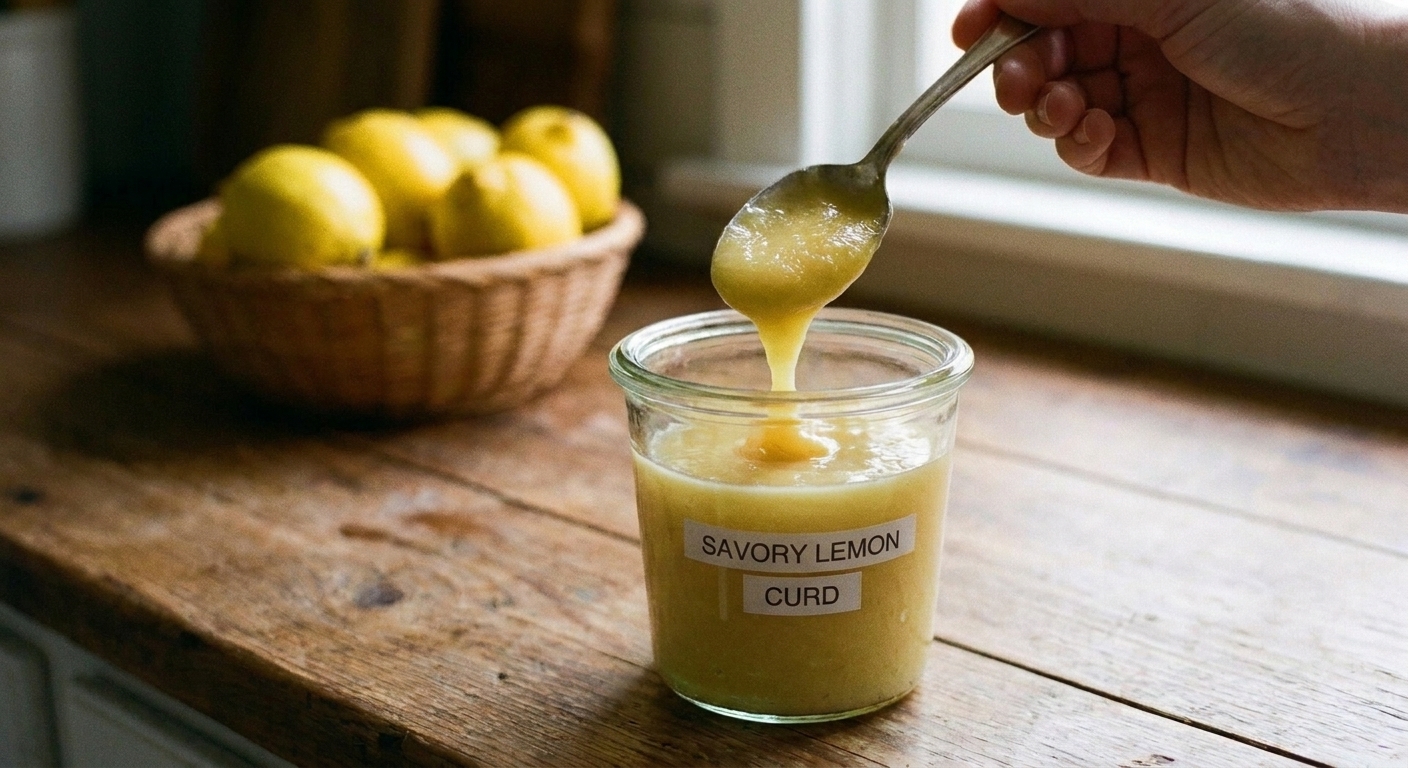 A hand spooning thick savory lemon curd into a small glass jar on a kitchen counter