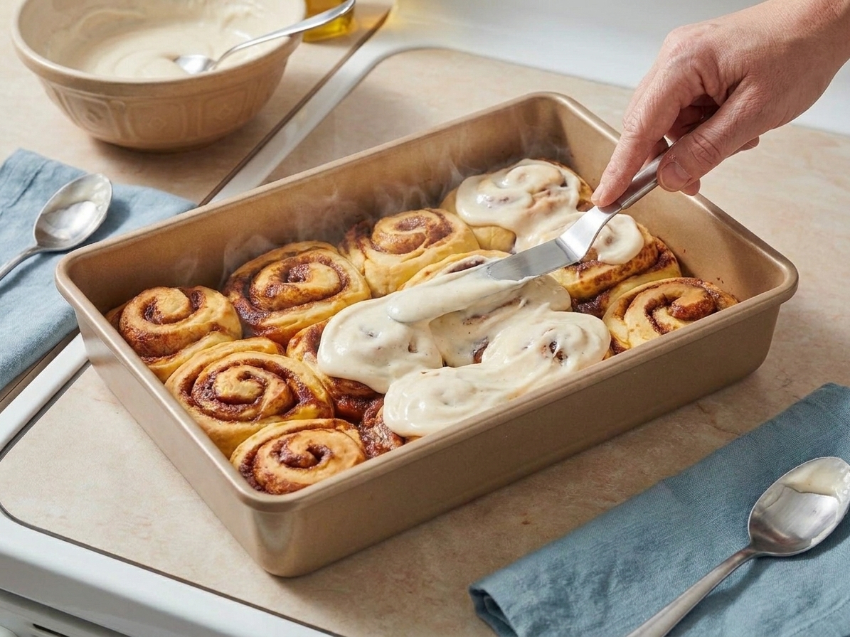 A hand spreading vanilla cream cheese icing over warm cinnamon rolls in a baking dish on a kitchen counter