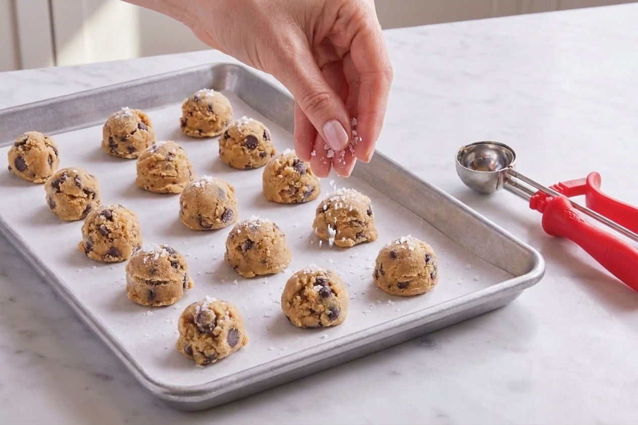 A hand sprinkling flaky sea salt over unbaked chocolate chip cookie dough balls on a parchment-lined baking sheet