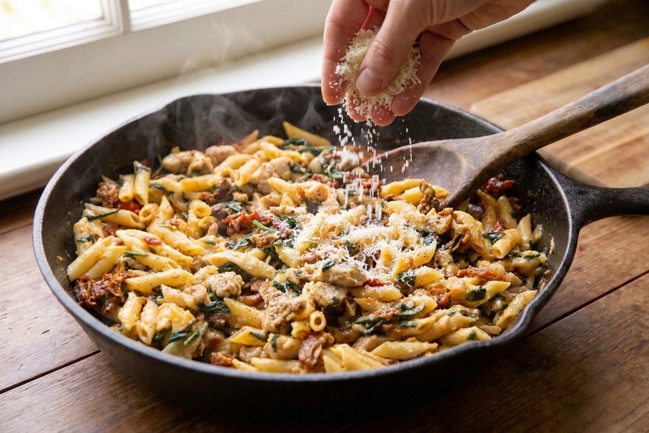 A hand sprinkling grated Parmesan over rustic chicken and pasta in a skillet, with spinach wilting into the sauce