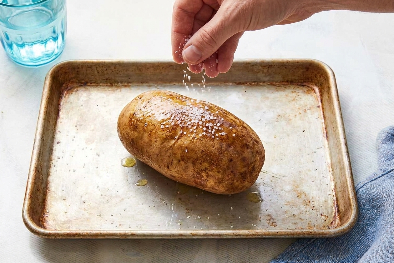 A hand sprinkling kosher salt over an oiled russet potato on a rimmed baking sheet