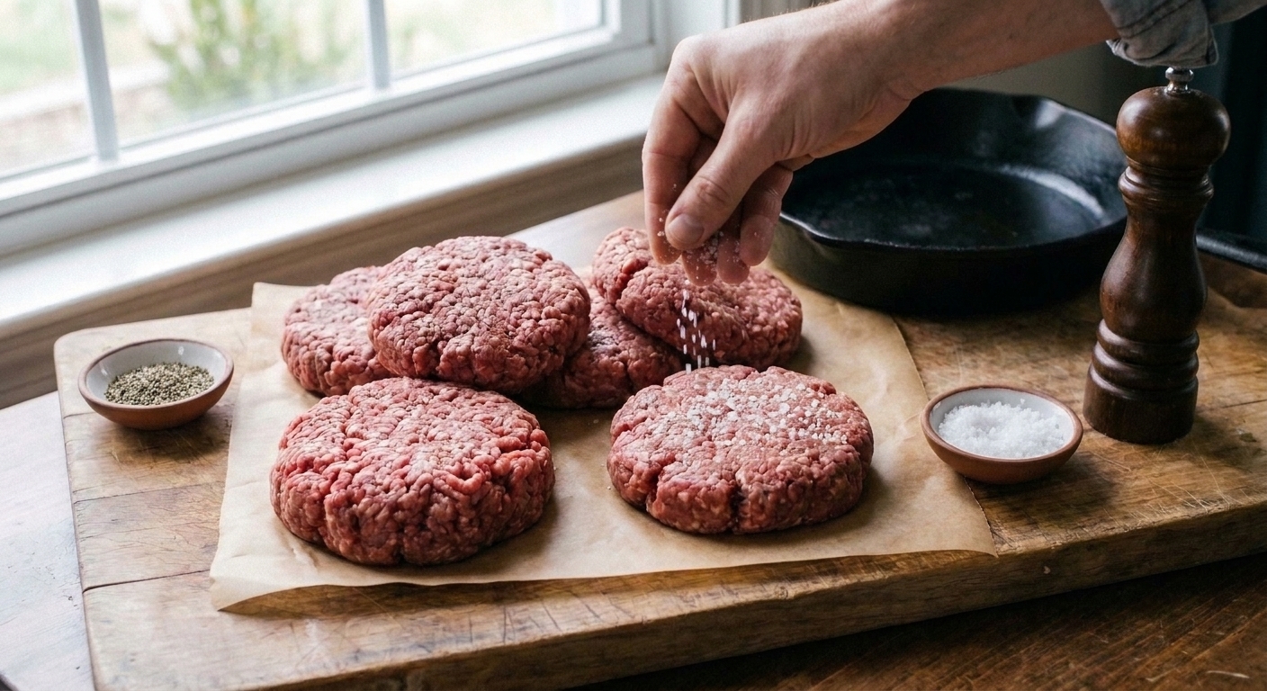 A hand sprinkling kosher salt over raw burger patties on a tray next to a pepper grinder