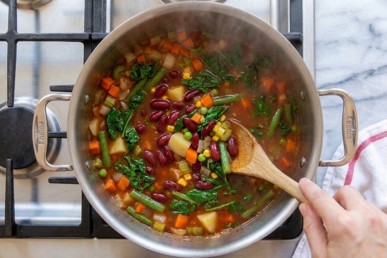 A hand stirring a pot of vegetable soup with a wooden spoon as beans and greens swirl through the broth