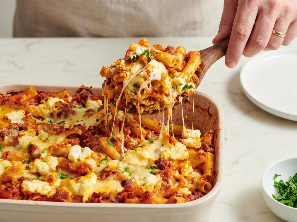 A hand using a large serving spoon to scoop a portion of baked ziti from a casserole dish, with melted cheese stretching as it lifts