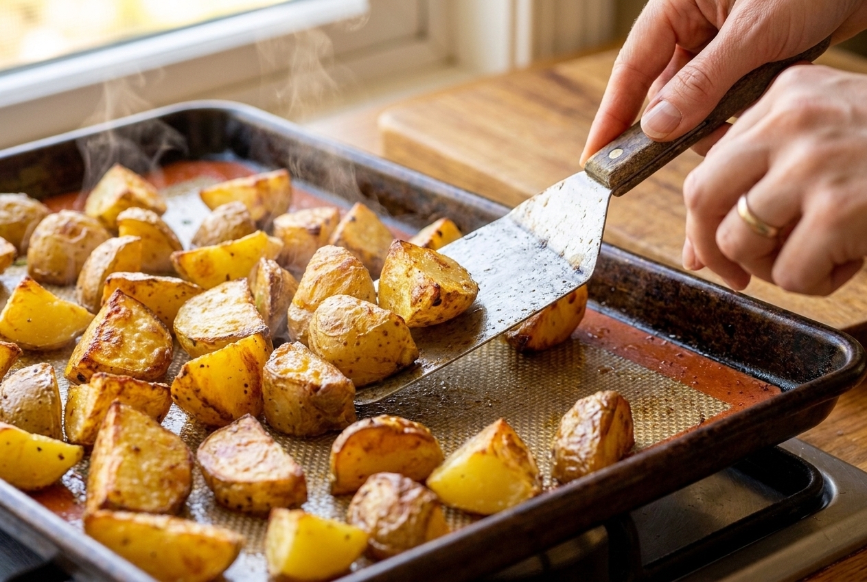 A hand using a metal spatula to flip golden potato chunks on a hot sheet pan halfway through roasting