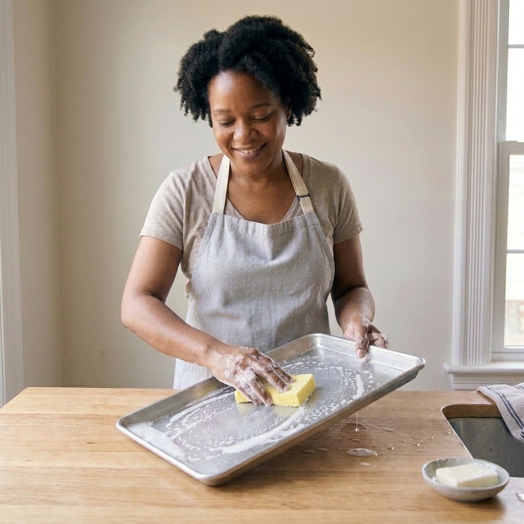 A hand washing a baking sheet with a soft sponge and soapy water