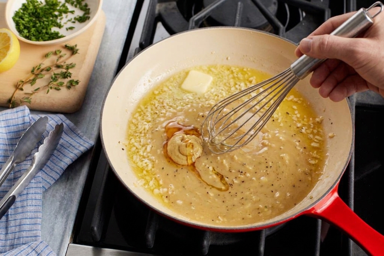 A hand whisking Dijon mustard and honey into melted butter and garlic in a skillet as the sauce turns glossy