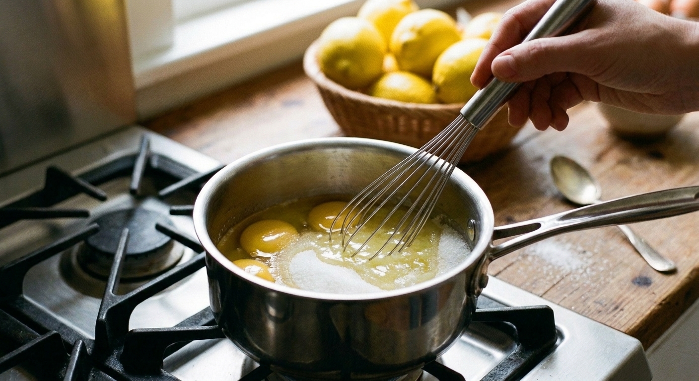 A hand whisking eggs, lemon juice, and sugar together in a small saucepan on a stove before heating