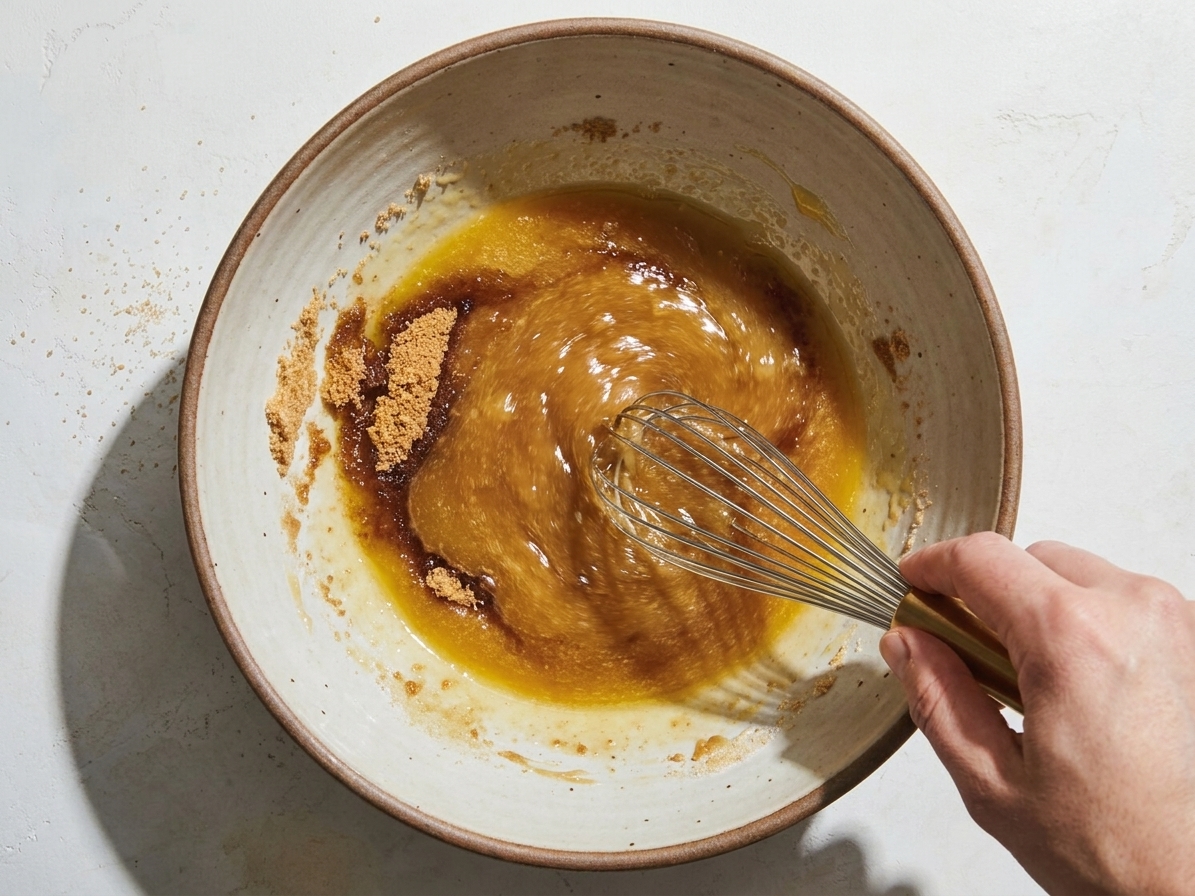 A hand whisking melted butter and sugars in a large mixing bowl until the mixture looks glossy