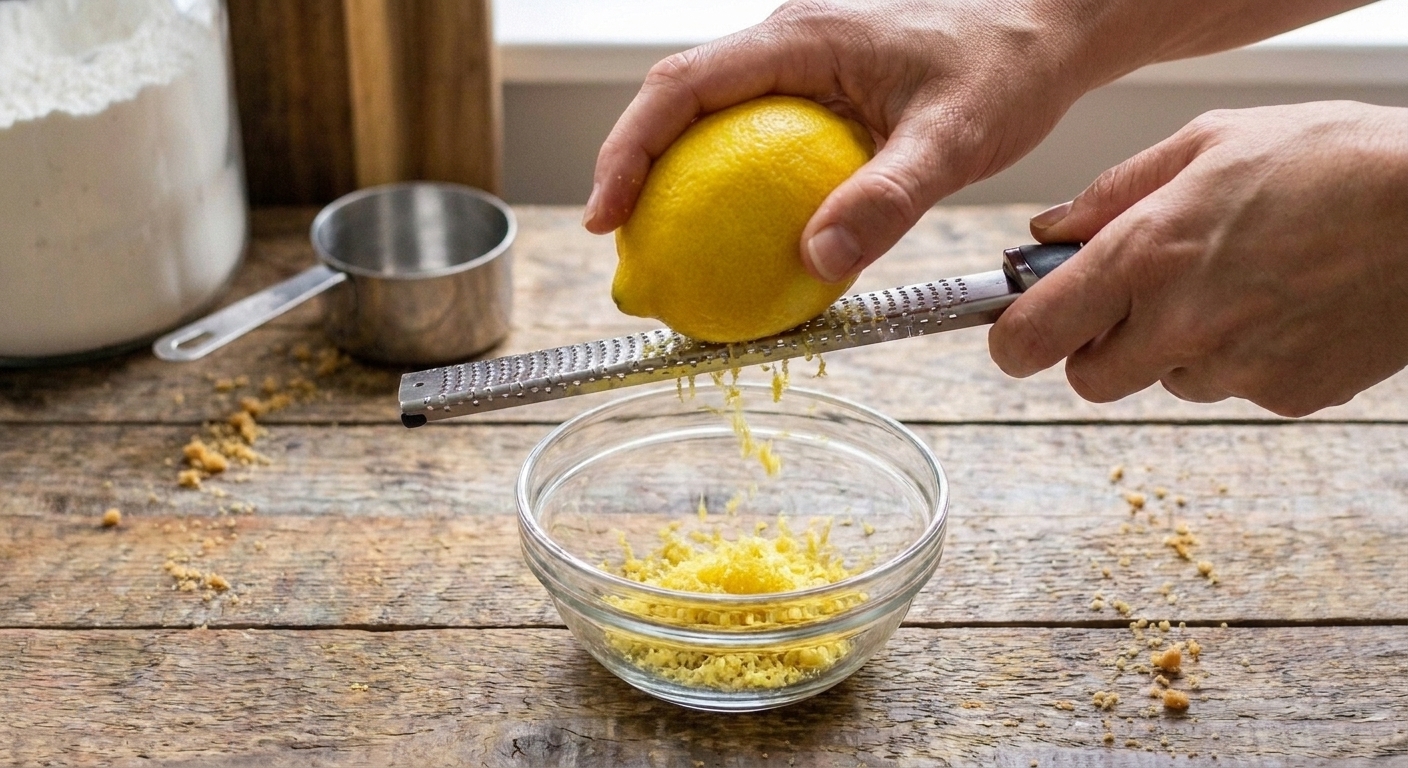 A hand zesting a fresh lemon with a microplane over a small bowl on a kitchen counter