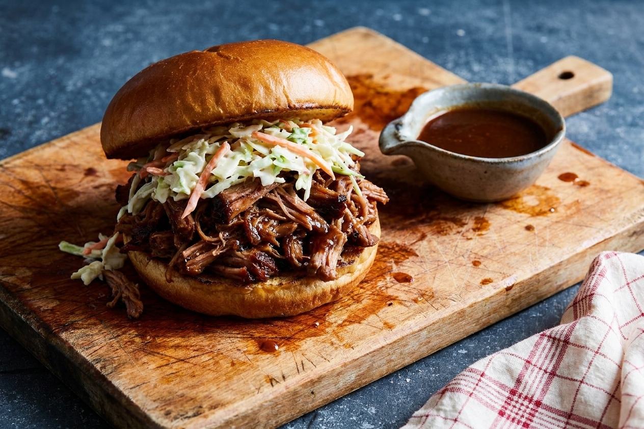 A heaping pulled pork sandwich on a toasted bun with coleslaw on a wooden cutting board, with a small bowl of barbecue sauce nearby