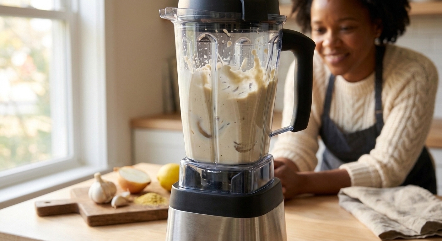 A high speed blender pitcher filled with pale cashew cream sauce mid-blend on a bright kitchen counter