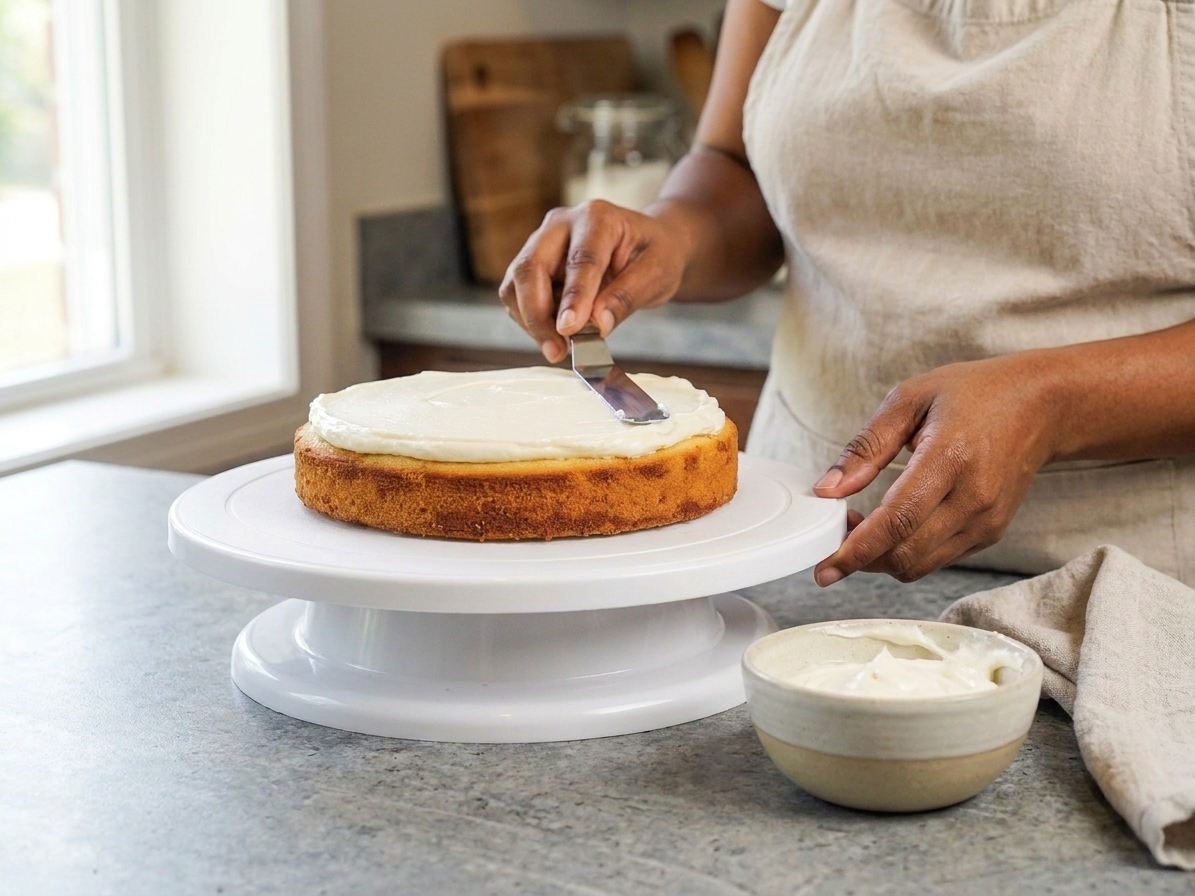 A home baker frosting a simple cake on a turntable with an offset spatula in a bright kitchen