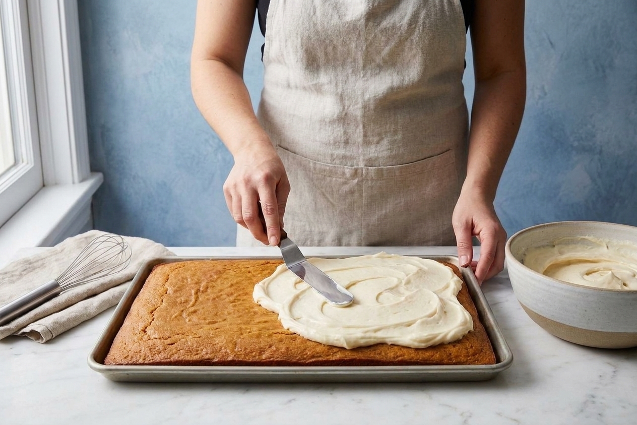 A home baker spreading cream cheese frosting over a sweet potato sheet cake with an offset spatula on a kitchen counter