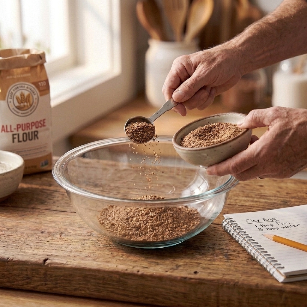 A home baker's hands measuring ground flaxseed into a bowl beside a notebook with handwritten recipe notes on a kitchen counter