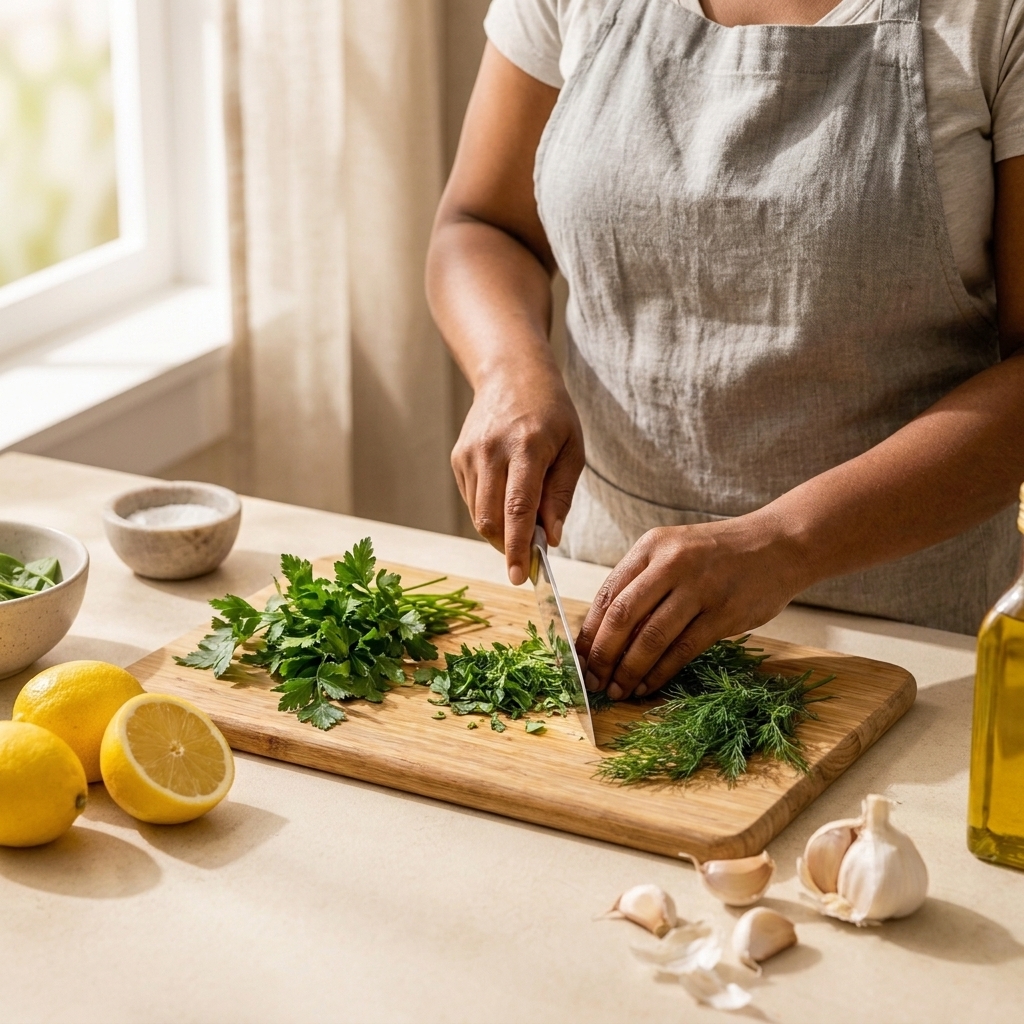A home cook chopping fresh parsley and dill on a wooden cutting board next to lemons and garlic on a bright kitchen counter