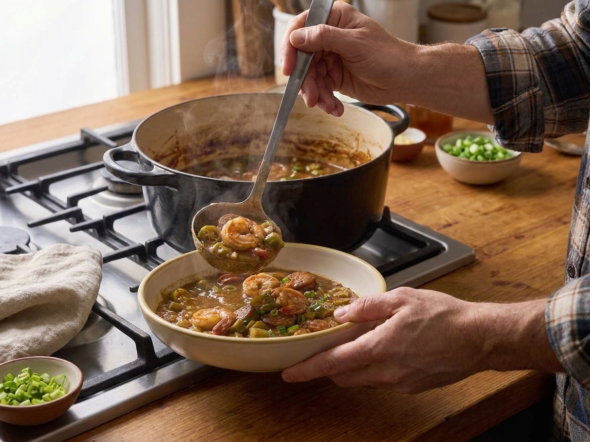 A home cook ladling shrimp gumbo from a Dutch oven into a bowl on a kitchen counter, showing hands and the pot in a warm home kitchen