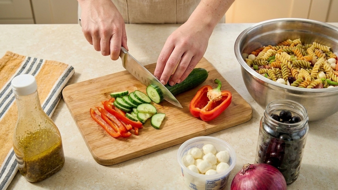 A home cook's hands chopping cucumber and bell pepper on a wooden cutting board beside a mixing bowl of cooked pasta