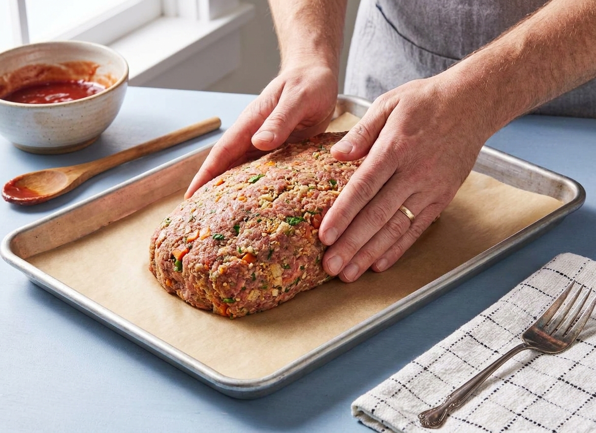 A home cook's hands gently shaping the meat mixture into a loaf on a parchment-lined sheet pan in a bright kitchen
