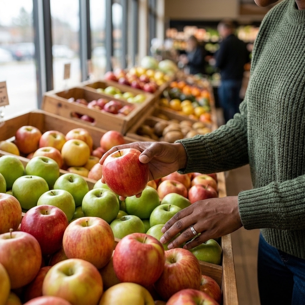 A home cook's hands selecting firm apples from a produce display at a grocery store, focusing on different varieties in natural light