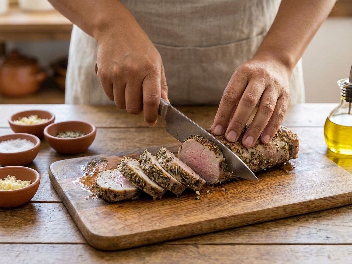 A home cook's hands slicing rested pork tenderloin into medallions on a cutting board in a cozy kitchen