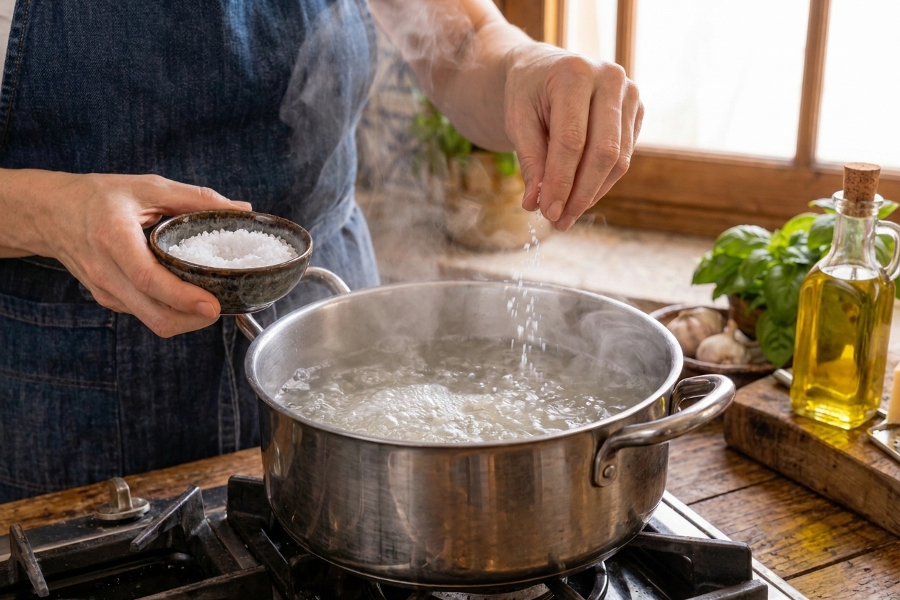 A home cook's hands sprinkling salt into a pot of boiling water on a stove