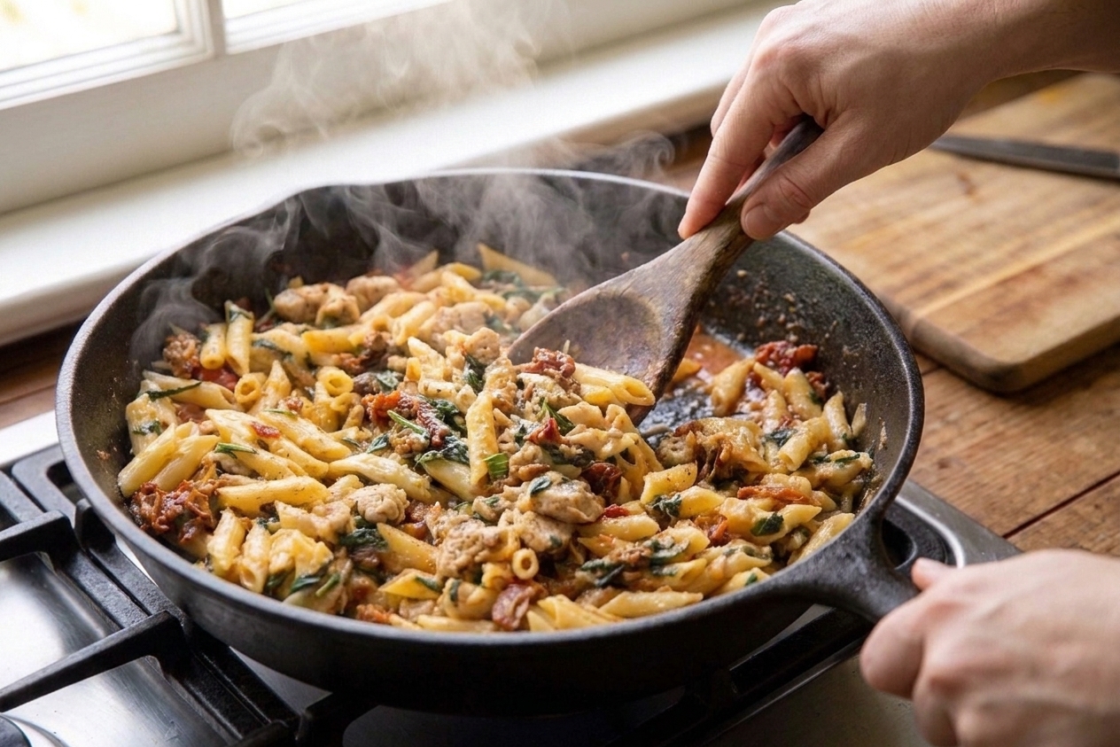 A home cook's hands stirring rustic chicken and pasta in a deep skillet on the stove, with a wooden spoon and steam rising