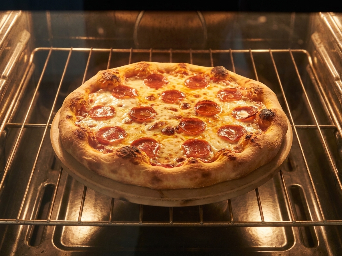 A homemade pepperoni pizza baking on a hot pizza stone in an oven, cheese bubbling and edges beginning to brown
