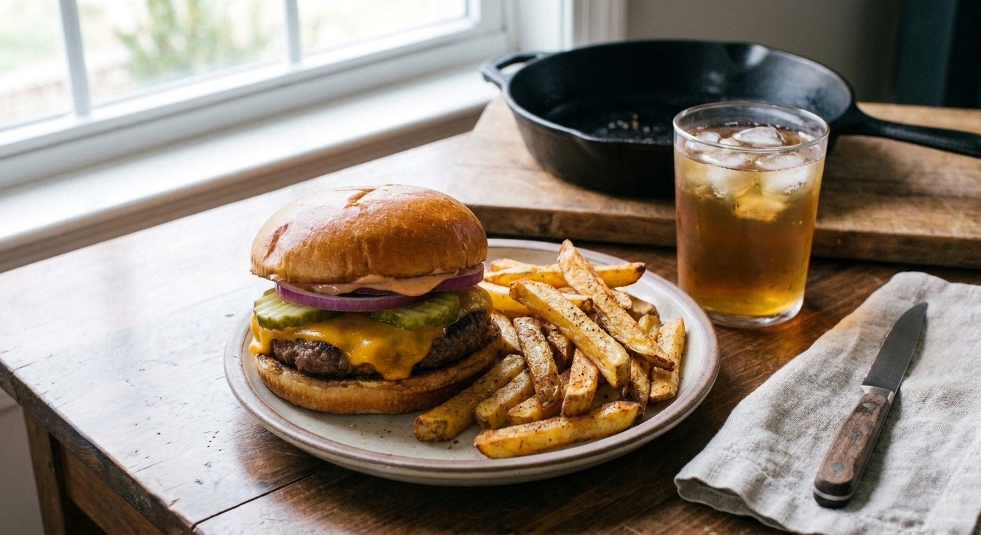 A homestyle burger with a pile of oven fries on a plate at a casual dinner table with napkins and a simple glass of iced tea
