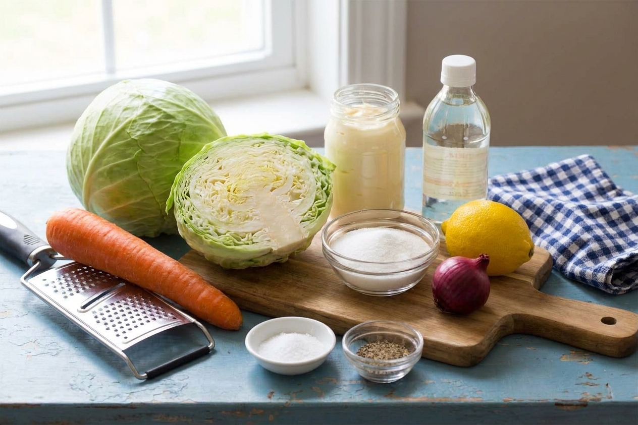 A kitchen counter with a head of green cabbage, a carrot, mayonnaise, sugar, vinegar, lemon, salt, pepper, and a small onion arranged for making coleslaw
