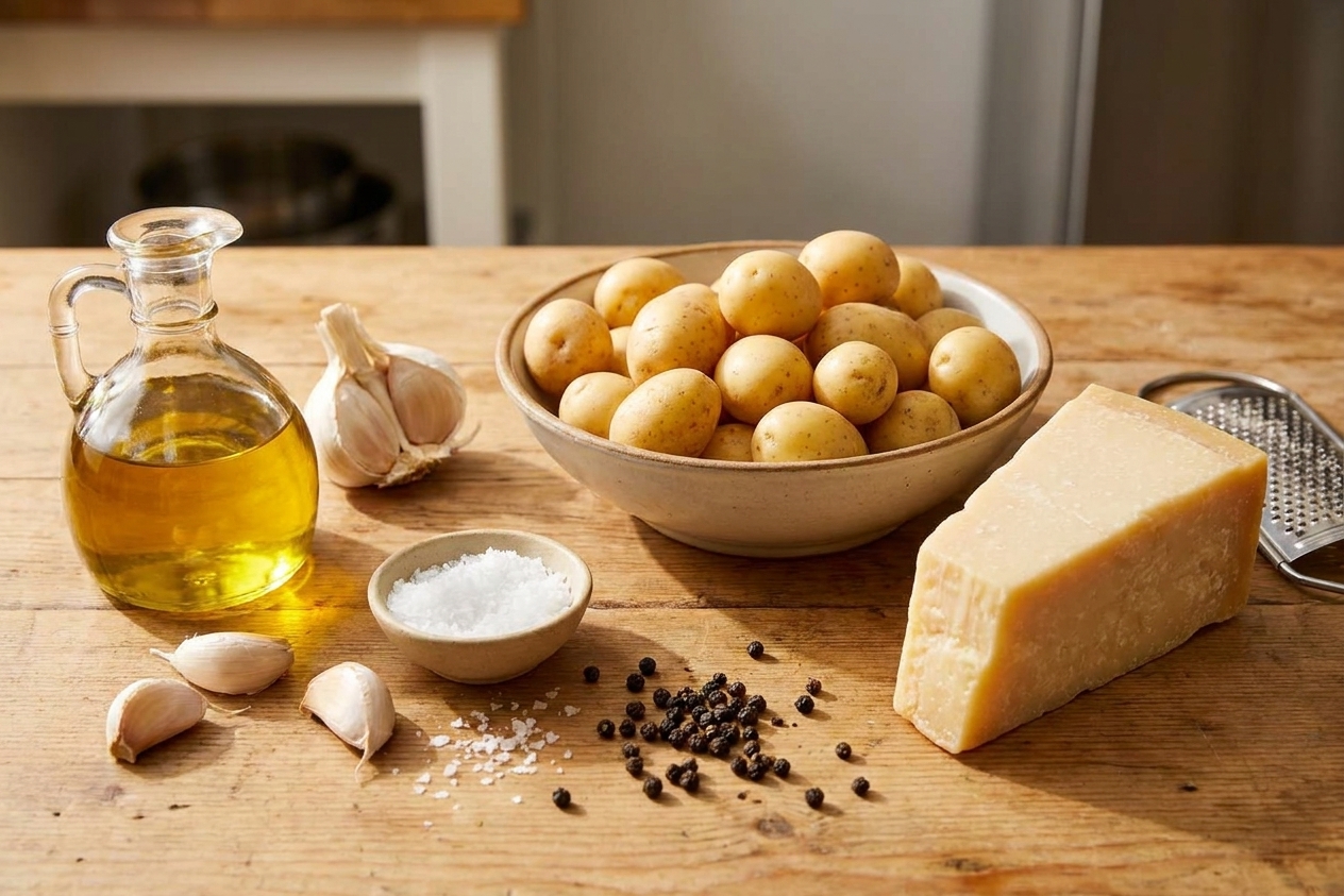 A kitchen counter with baby potatoes, a wedge of Parmesan, olive oil, garlic cloves, flaky salt, and black pepper ready for cooking