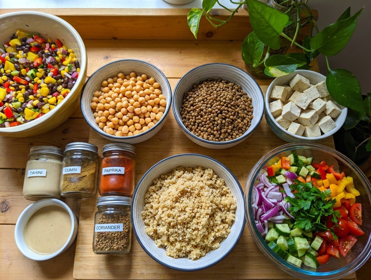 A kitchen counter with bowls of chickpeas, cooked lentils, cubed tofu, quinoa, chopped vegetables, and small jars of tahini and spices