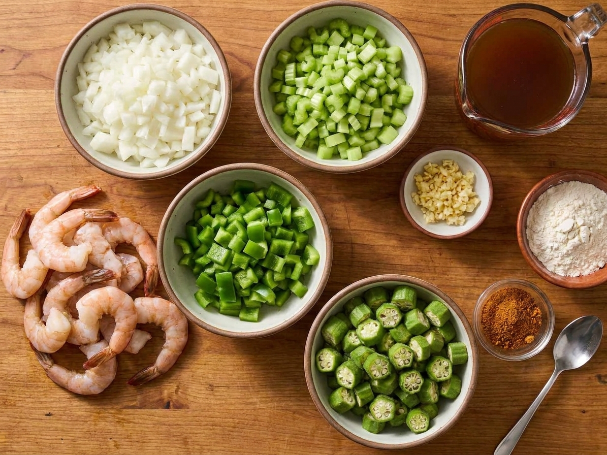 A kitchen counter with bowls of chopped onion, celery, and green bell pepper alongside raw shrimp, okra, garlic, stock, and spices ready for gumbo