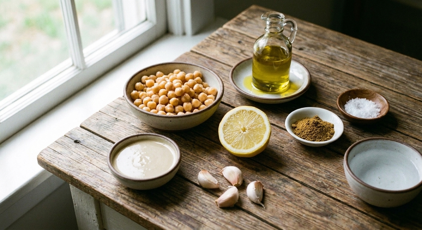 A kitchen counter with bowls of cooked chickpeas, tahini, lemon, garlic cloves, olive oil, salt, cumin, and a small bowl of cold water