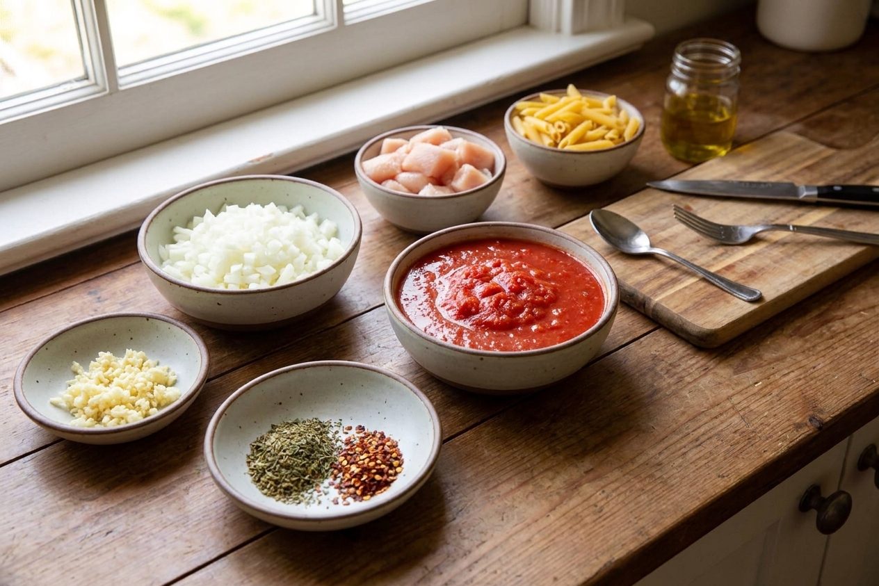 A kitchen counter with bowls of diced onion, minced garlic, canned tomatoes, dried herbs, raw chicken pieces, and short pasta laid out for cooking