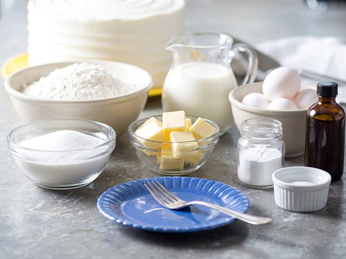 A kitchen counter with bowls of flour, sugar, butter, eggs, milk, baking powder, salt, and vanilla extract arranged neatly for baking