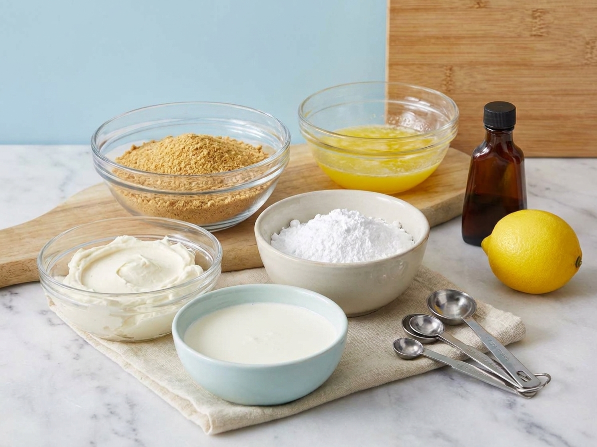 A kitchen counter with bowls of graham cracker crumbs, melted butter, cream cheese, powdered sugar, vanilla extract, heavy cream, and a lemon next to measuring spoons
