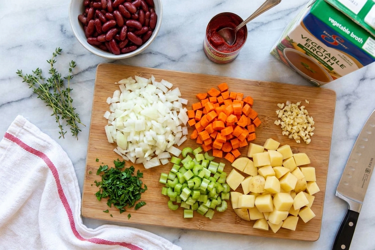 A kitchen counter with chopped onions, carrots, celery, garlic, diced potatoes, canned beans, tomato paste, broth, and herbs laid out for soup prep