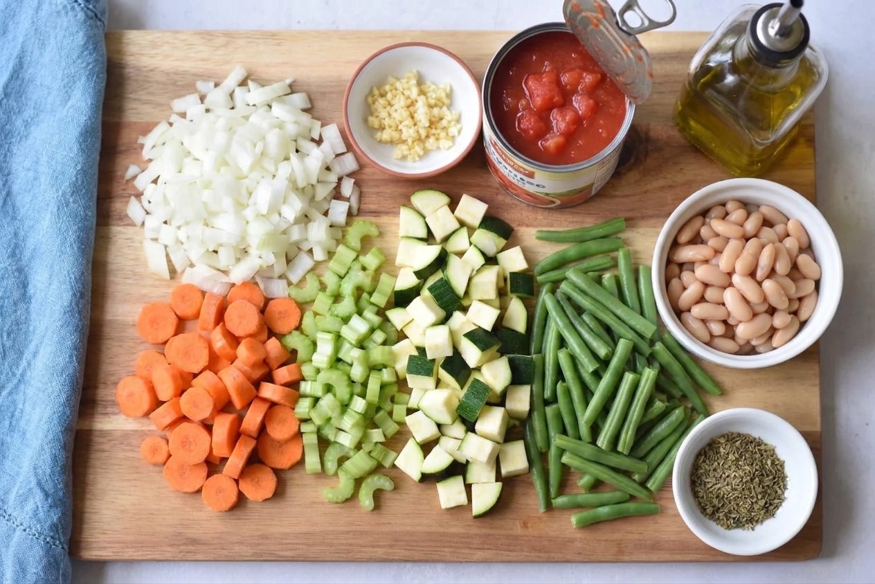 A kitchen counter with chopped onions, carrots, celery, zucchini, green beans, garlic, canned diced tomatoes, white beans, olive oil, and a small bowl of dried herbs set up for soup prep