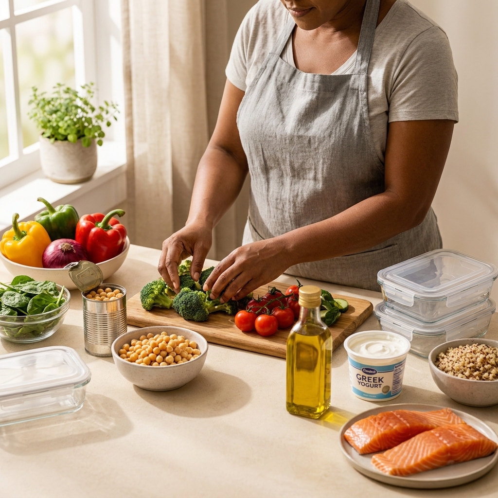 A kitchen counter with fresh vegetables, canned chickpeas, olive oil, Greek yogurt, quinoa, and salmon arranged for meal prepping