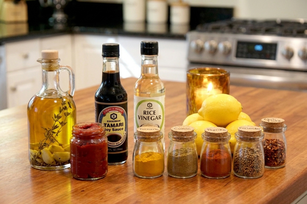 A kitchen counter with garlic-infused oil, tomato paste, tamari, rice vinegar, lemons, and small spice jars arranged neatly