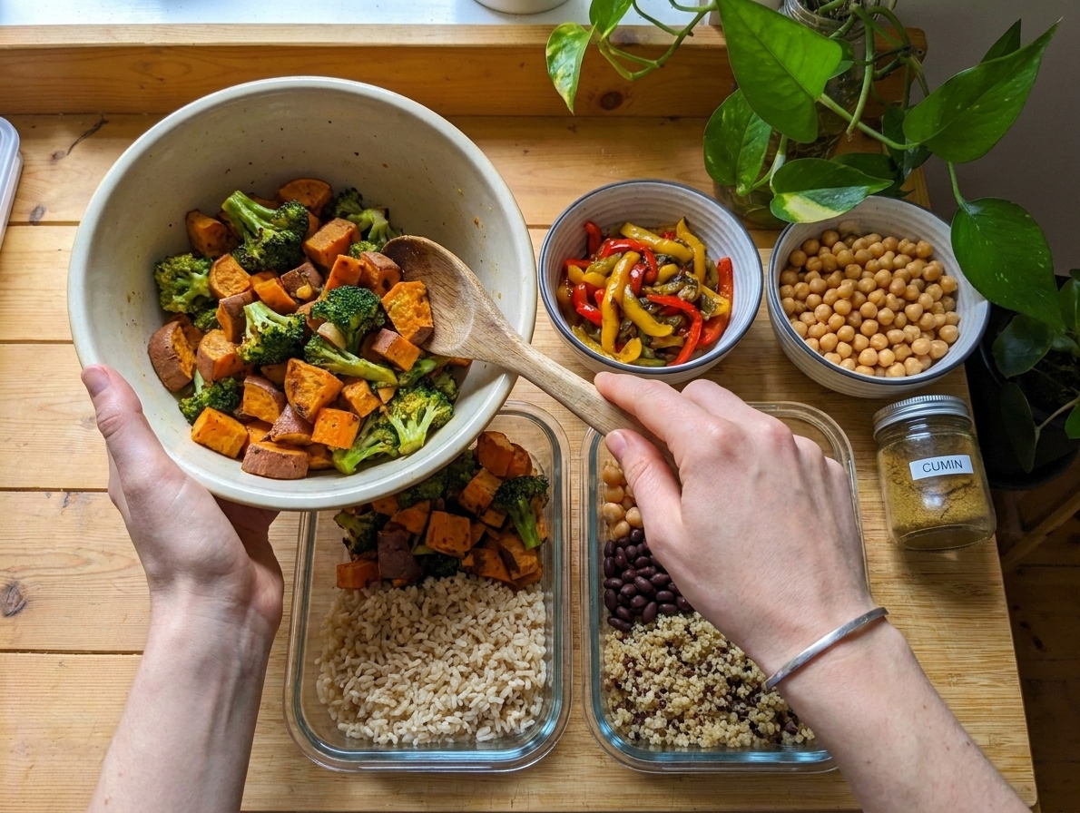 A kitchen counter with glass meal prep containers being filled with grains, roasted vegetables, and beans