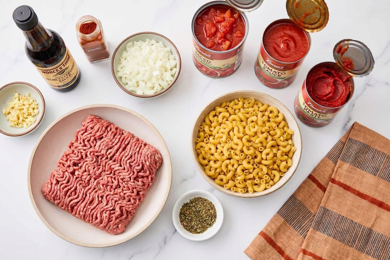 A kitchen counter with ground beef, elbow macaroni, onions, garlic, canned diced tomatoes, tomato sauce, tomato paste, Worcestershire sauce, paprika, and dried herbs laid out for cooking