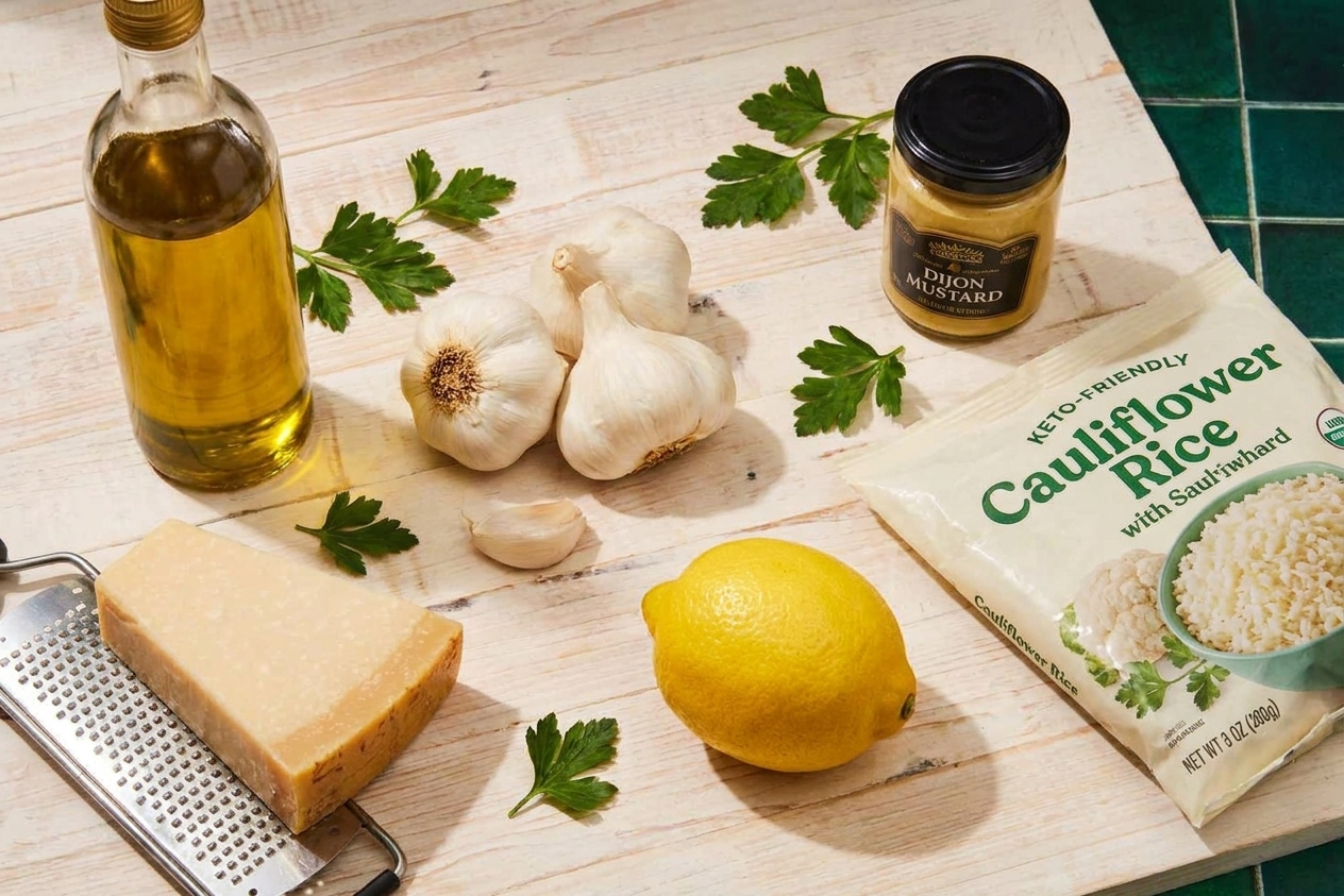 A kitchen counter with keto-friendly staples like olive oil, garlic, parmesan, lemon, Dijon mustard, and a bag of cauliflower rice