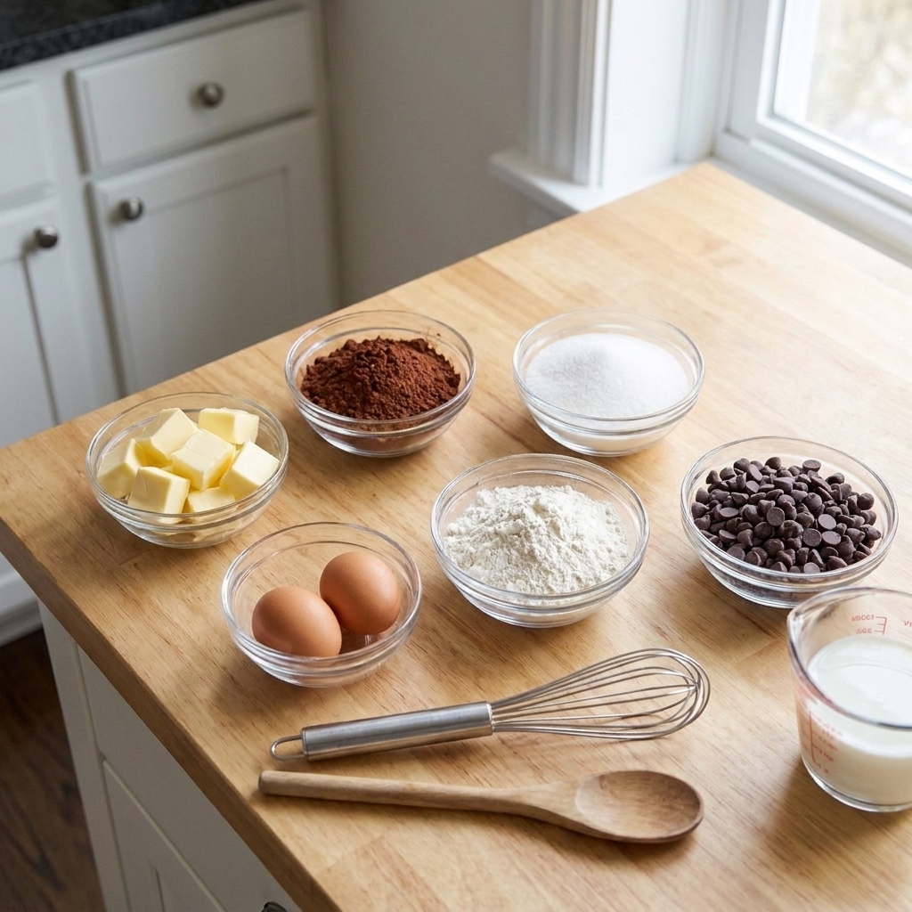A kitchen counter with measured brownie ingredients including butter, cocoa powder, sugar, eggs, flour, and chocolate chips in small bowls