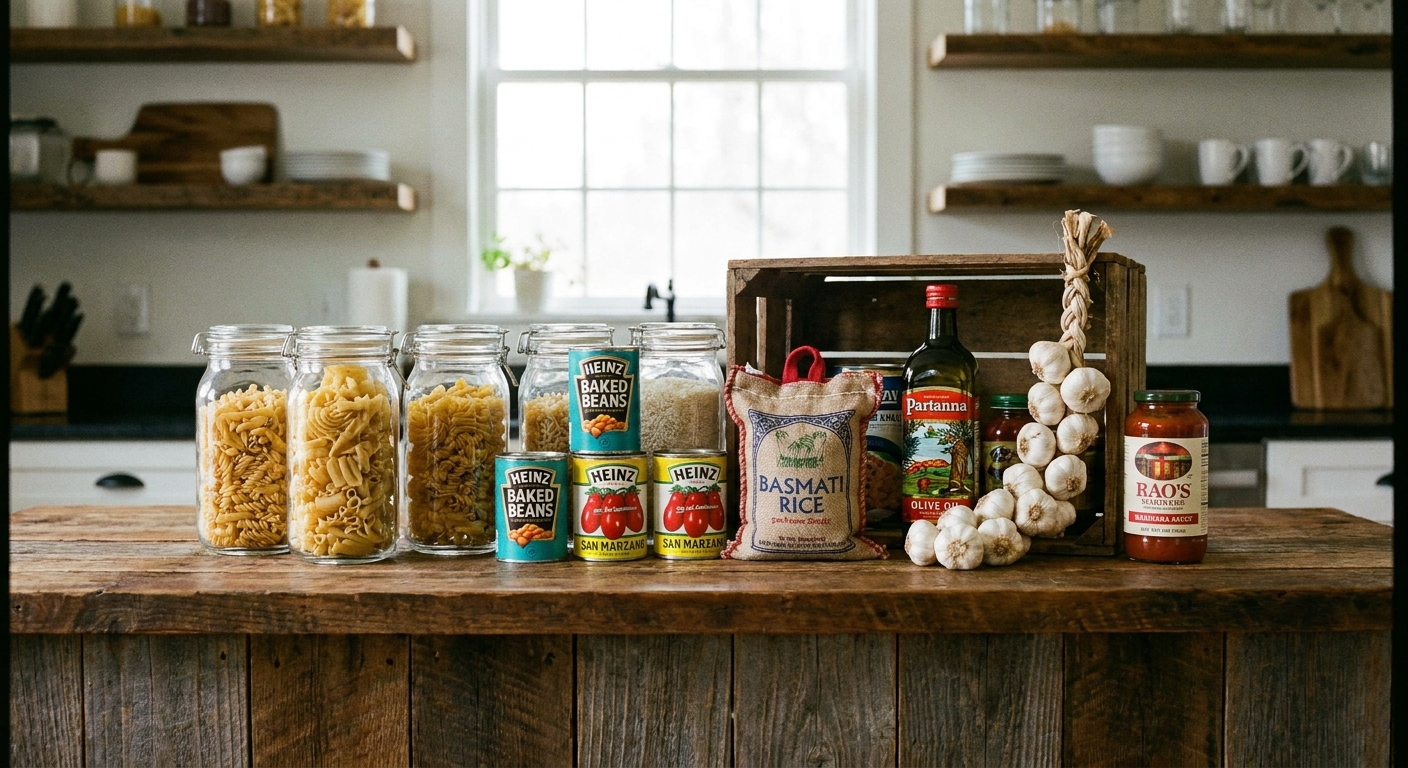A kitchen counter with pantry staples for quick dinners, including pasta, canned beans, canned tomatoes, rice, olive oil, garlic, and a jar of marinara arranged neatly