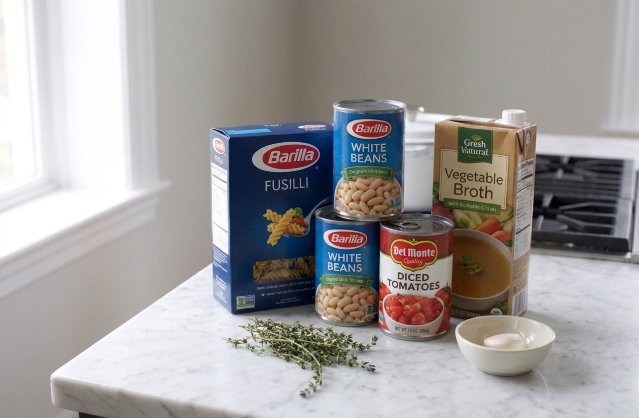 A kitchen counter with pantry staples for soup including pasta, canned beans, canned tomatoes, and boxed broth