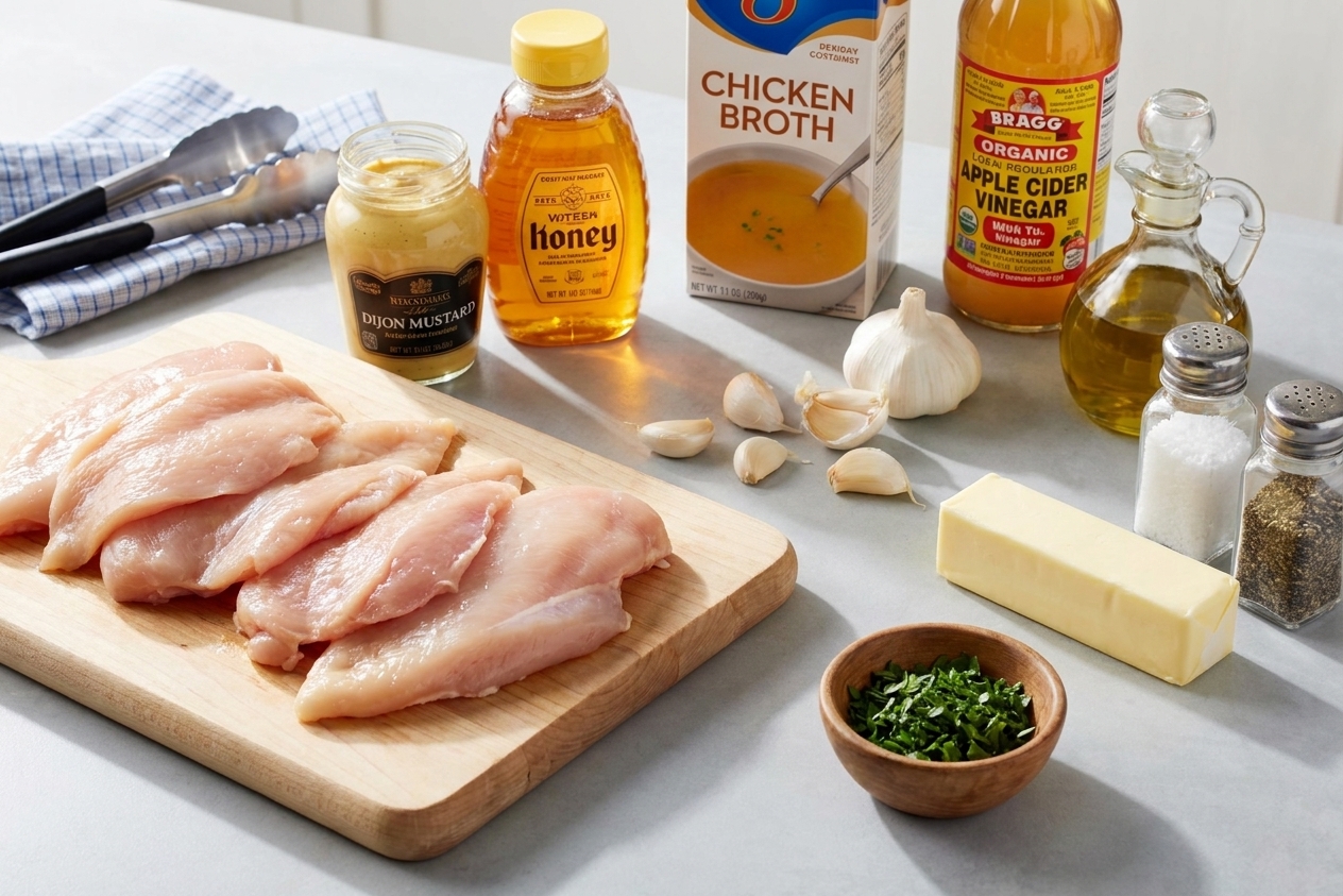 A kitchen counter with raw chicken cutlets, Dijon mustard, honey, garlic cloves, chicken broth, apple cider vinegar, olive oil, butter, salt, pepper, and a small bowl of chopped parsley