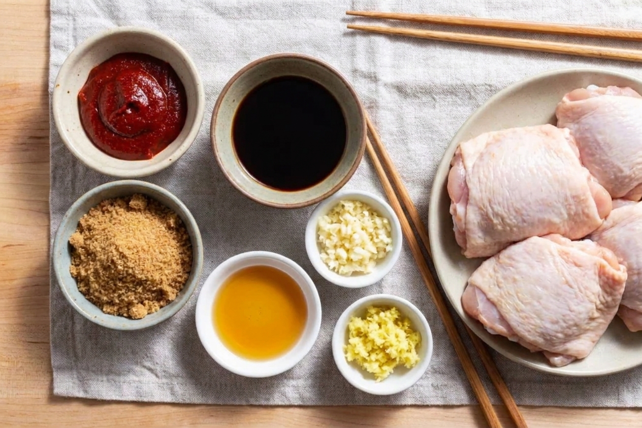 A kitchen counter with small bowls of gochujang, soy sauce, brown sugar, minced garlic, grated ginger, and sesame oil arranged next to raw chicken thighs